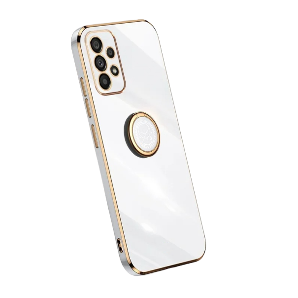 Funda de silicona con bordes dorados y soporte para Samsung Galaxy A04 blanco