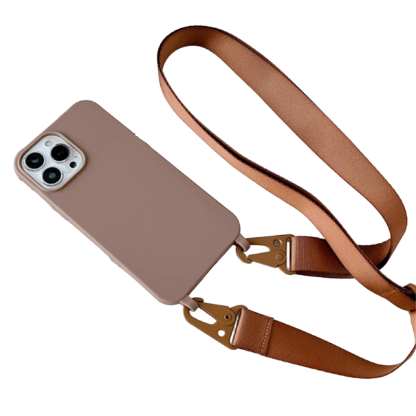 Funda de silicona mate con correa para iPhone 15 Plus marrón