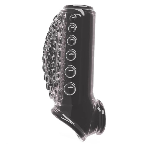 Funda de silicona para pene con burbujas de masaje y un área elevada con un agarre integrado estilo anillo para el pene. Embalaje discreto. negro