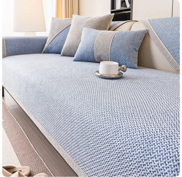Funda de sofá de algodón y lino, antideslizante, universal, para todas las estaciones, 70 x 180 cm azul