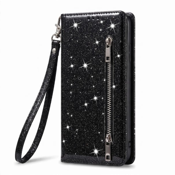 Funda flip brillante para Samsung Galaxy S24 Ultra con bolsillo con cremallera y compartimento para tarjetas, correa para la muñeca, cuero negro