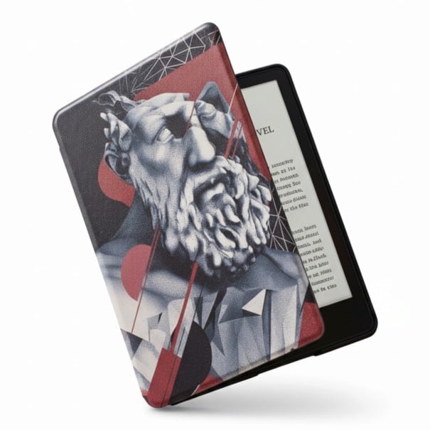Funda flip roja y gris de 6 pulgadas para Kindle de 10ª generación 2019 con busto antiguo de hombre y formas geométricas con correa y película 1