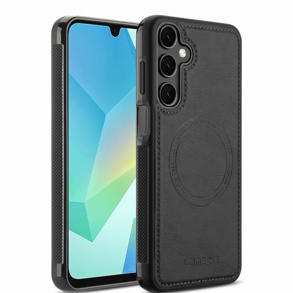 Funda magnética para Samsung Galaxy A17 con aspecto de cuero y costuras Bordes estriados Funda protectora para móvil para soporte magnético en el coche negro