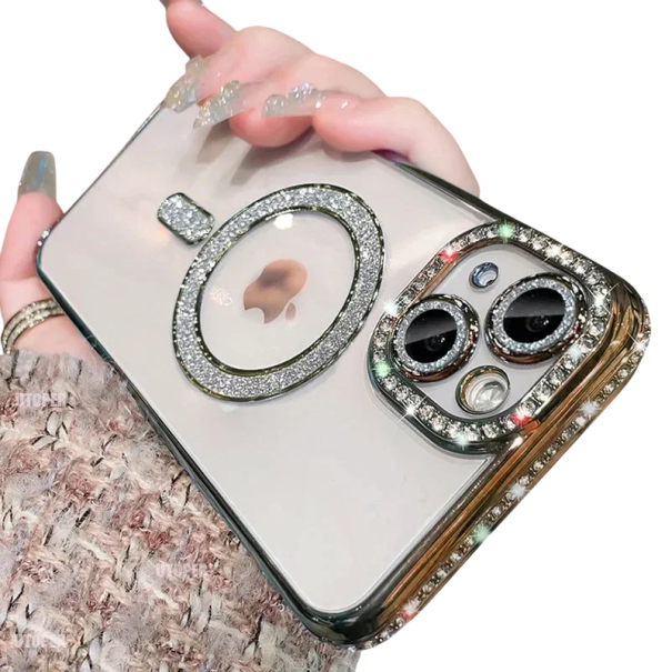 Funda para iPhone 11 Pro Max con brillantes diamantes de imitación, carcasa de lujo con soporte de carga inalámbrica magnética, protección elegante y diseño moderno dorado