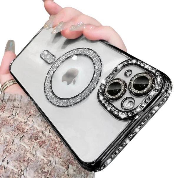 Funda para iPhone 12 Pro Max con brillantes diamantes de imitación, carcasa de lujo con soporte de carga inalámbrica magnética, protección elegante y diseño moderno negro