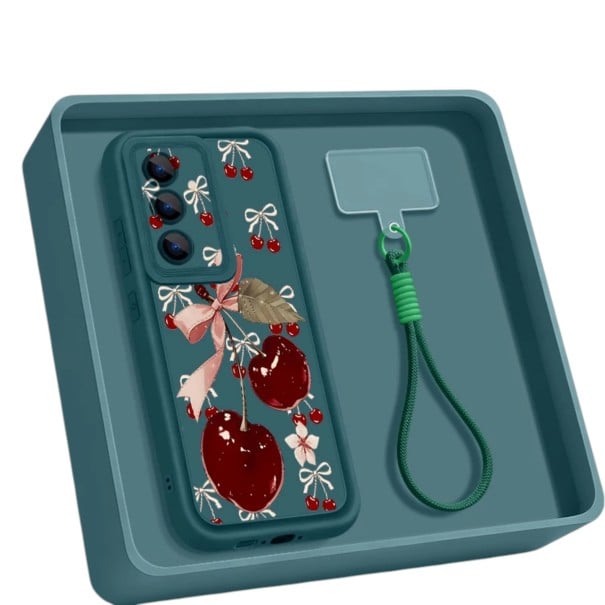 Funda para móvil Samsung Galaxy S25 FE con cerezas Funda de silicona con correa para la muñeca Funda con borde elevado para cámaras azul