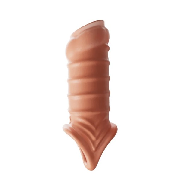 Funda para pene con 4 anillos de estimulación y un anillo de estrangulamiento para alargamiento, erección más firme y estimulación intensa. Embalaje discreto. color piel