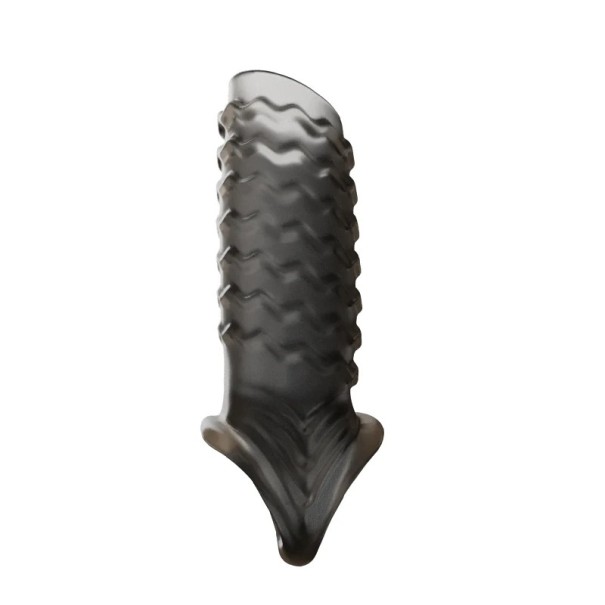 Funda para pene con ondulaciones y anillo de estrangulamiento para alargamiento, estimulación y una erección más firme durante los momentos íntimos. Embalaje discreto. negro