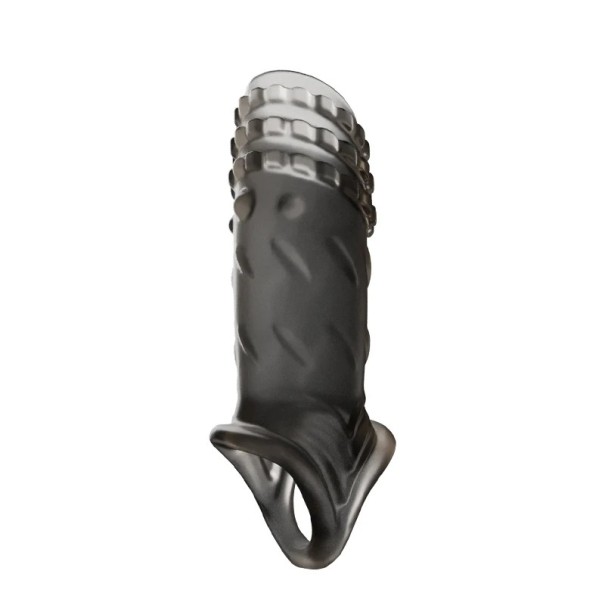 Funda para pene con tres filas de protuberancias y trama cruzada con anillo de estrangulamiento para extensión, erección más firme y estimulación. Embalaje discreto. negro