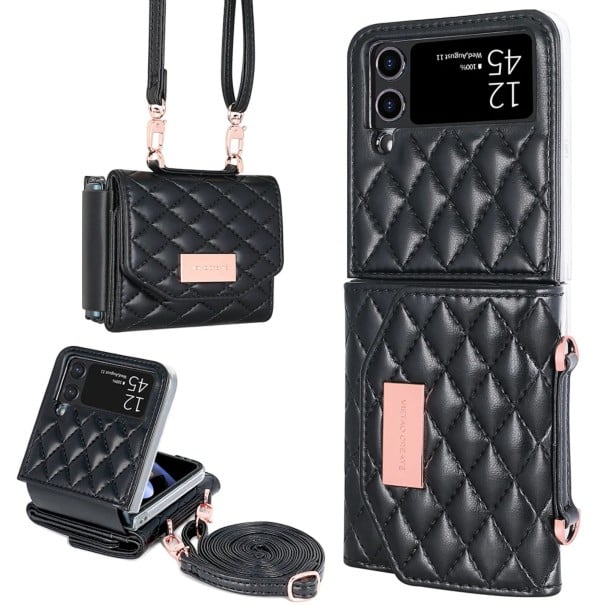 Funda para Samsung Galaxy Z Flip 3 Bolso para teléfono con billetera y correa Cuero sintético y plástico Patrón acolchado Funda cruzada negro