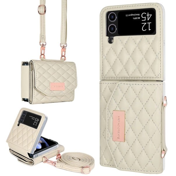 Funda para Samsung Galaxy Z Flip 5 Bolso para móvil con billetera Correa para el cuerpo Cuero sintético y plástico Patrón acolchado Crossbody beige