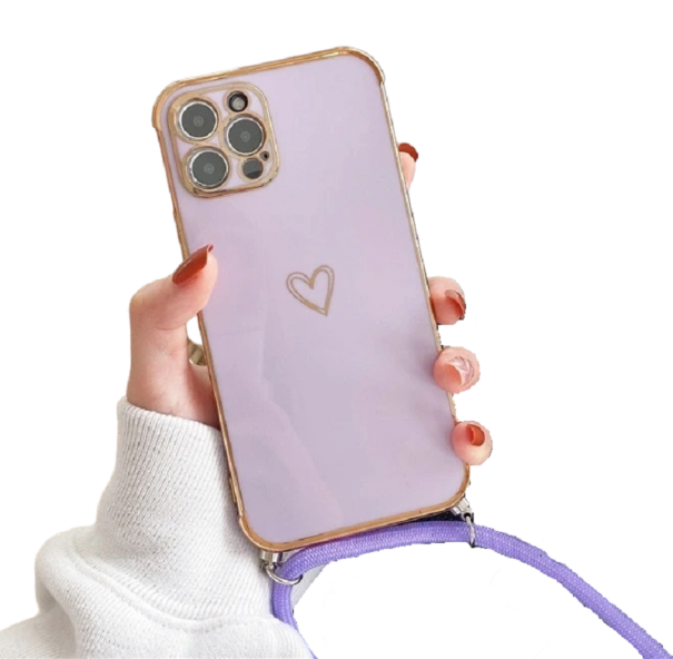 Funda protectora con correa para el cuello para iPhone 15 Pro Max morado