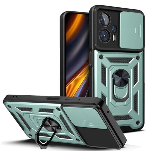 Funda protectora con imán, soporte y tapa de lente para Xiaomi Poco F3 5G verde