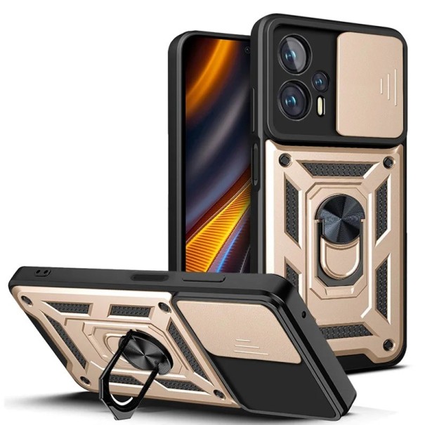 Funda protectora con imán, soporte y tapa de lente para Xiaomi Poco F4 dorado