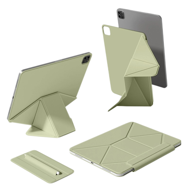 Funda protectora Folio para tablet iPad Air 13 M2 M3 y M4 con soporte dinámico de origami y soporte para stylus de cuero sintético para trabajo y estudio verde