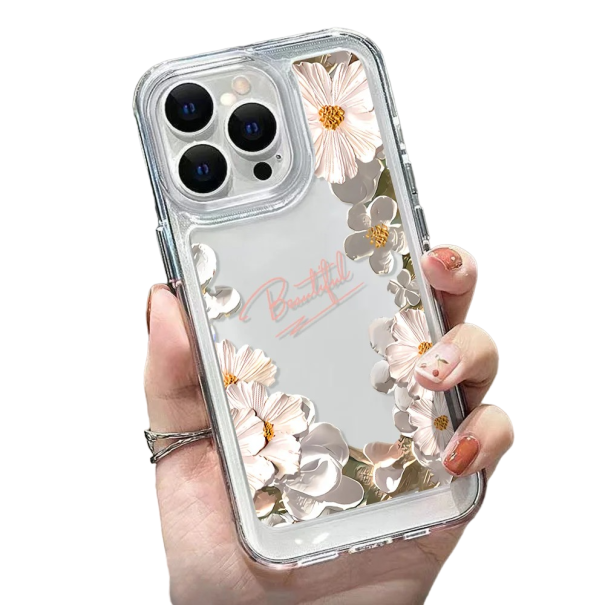 Funda protectora transparente con inscripción para iPhone 15, flores blancas 1