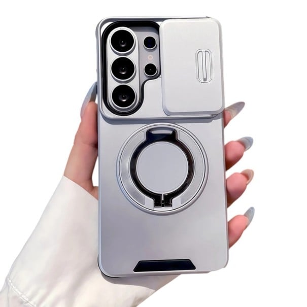 Funda resistente para Samsung Galaxy A36 con soporte Tapa deslizante para la cámara Anillo abatible Funda protectora para móvil plateado