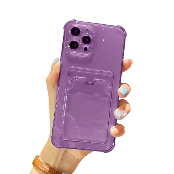 Funda transparente con bolsillo para tarjetas para iPhone 15 Pro morado oscuro