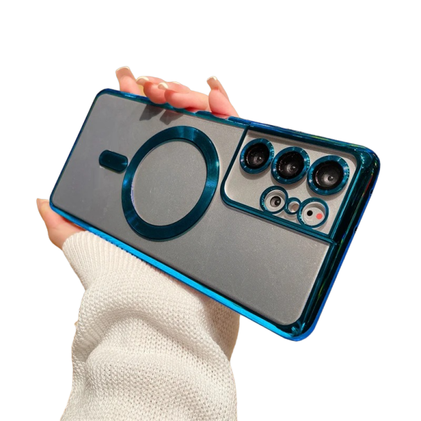 Funda transparente con bordes metalizados y soporte MagSafe para Samsung Galaxy S22 Ultra azul