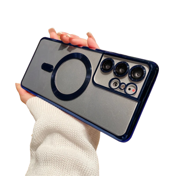 Funda transparente con bordes metalizados y soporte MagSafe para Samsung Galaxy S22 Ultra morado