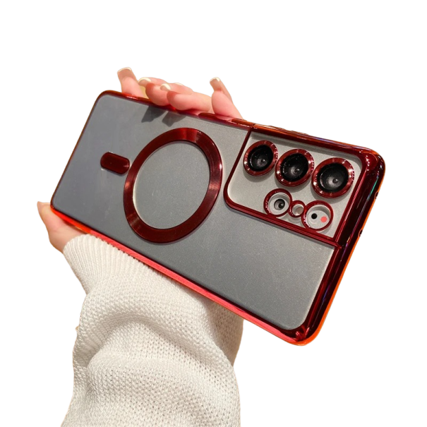 Funda transparente con bordes metalizados y soporte MagSafe para Samsung Galaxy S23 Plus rojo