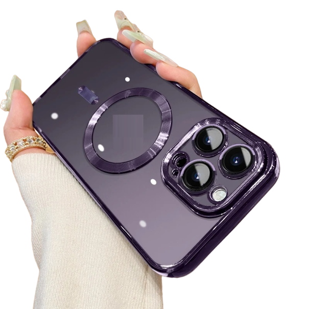 Funda transparente con soporte MagSafe y protección de cámara para iPhone 15 Plus morado