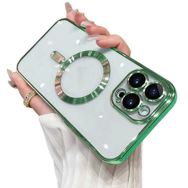 Funda transparente con soporte MagSafe y protección para cámara para iPhone 15 verde claro