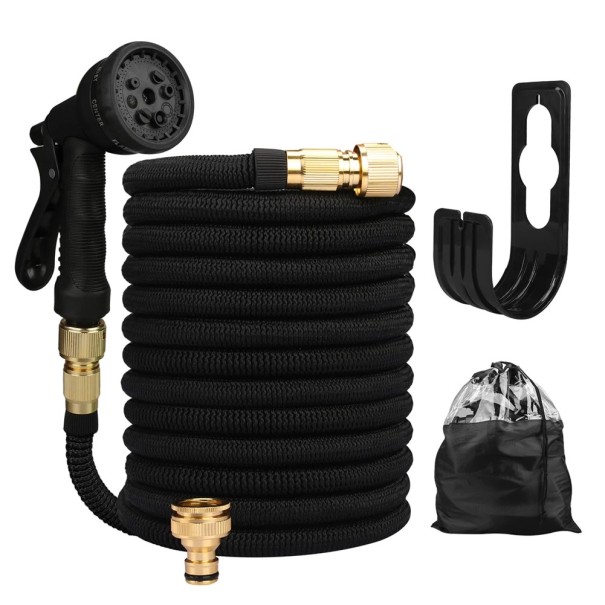 Furtun extensibil de grădină 100FT 30m 8 moduri de pulverizare Adaptor pistol pulverizator și sac de apă pentru curățare și udare negru