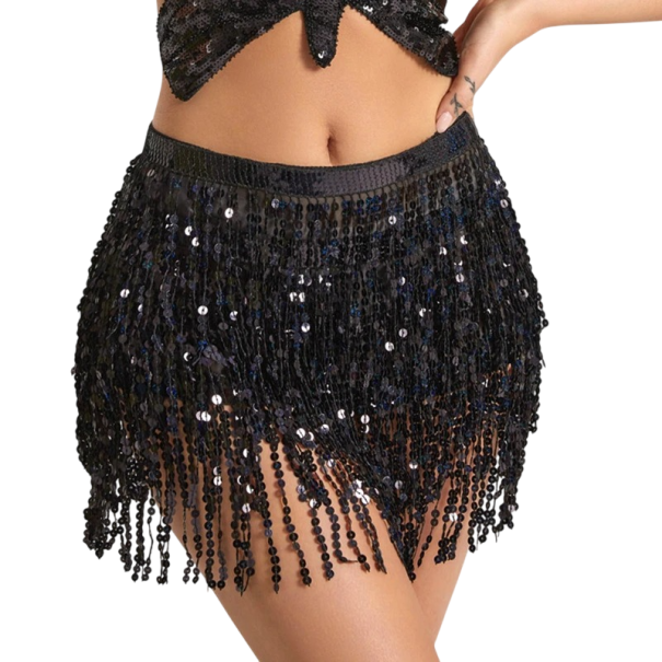 Fustă cu franjuri pentru femei cu paiete pentru dansuri orientale, eșarfă din chiffon și poliester pentru latină, samba și petreceri negru