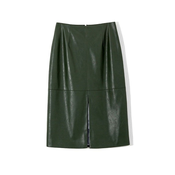 Fustă de piele pentru femei cu fantă verde inchis XS