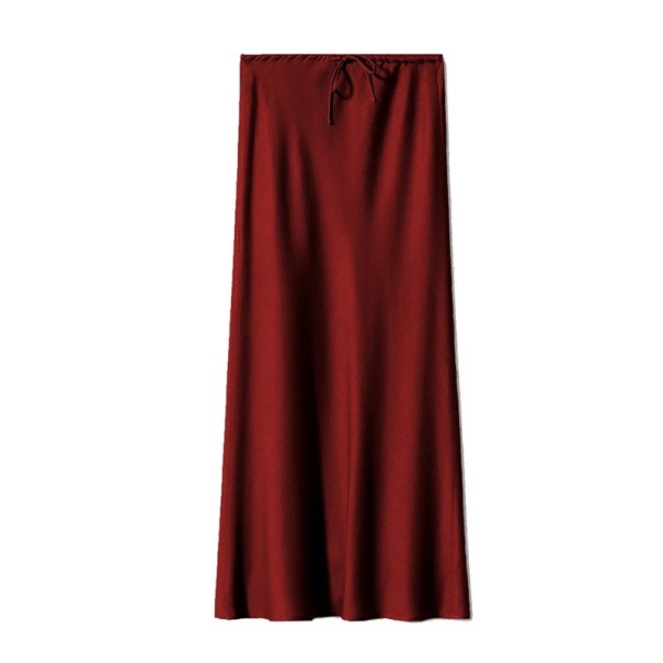 Fustă lungă din satin cu talie înaltă, elegantă, cu dantelă, strălucitoare, pentru femei, ținute de seară și petrecere burgundy S