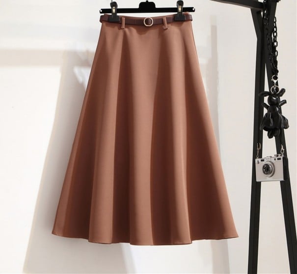 Fustă midi pentru femei cu curea Croi în formă de A Croi cu cataramă metalică rotundă Fustă uni sub genunchi Bumbac, poliester și spandex maro M
