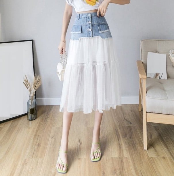 Fustă midi pentru femei cu partea superioară din denim albastru deschis și tulle alb Talie înaltă cu nasturi și buzunare Fodera interioară Denim L