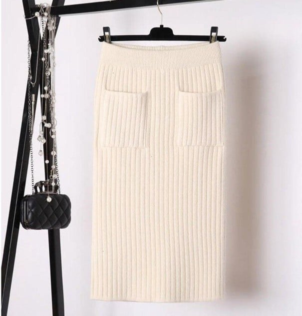 Fustă midi tricotată pentru femei cu buzunare Fustă tip creion cu talie elastică și slit Vâscoză cu spandex Fustă elegantă pentru birou 3