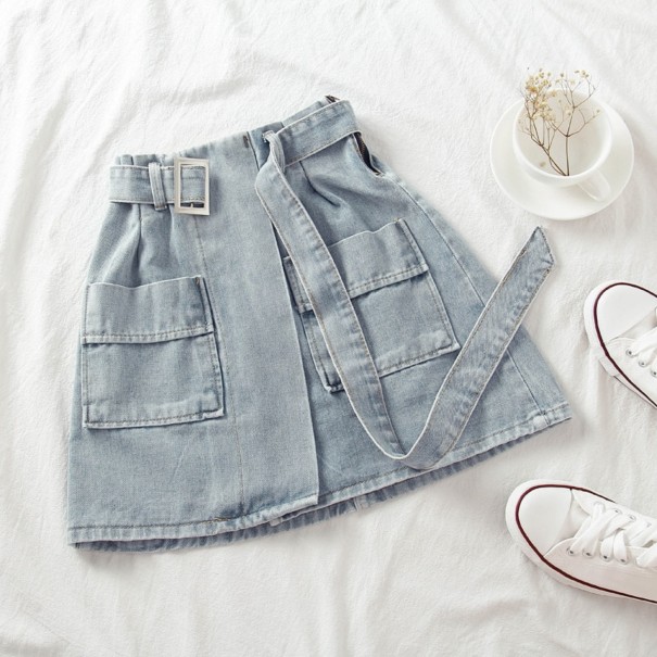 Fusta mini din denim cu curea albastru M