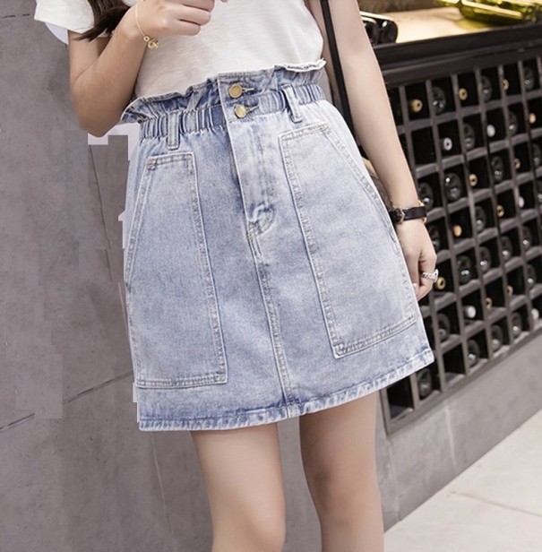 Fustă mini din denim cu talie înaltă pentru femei albastru L