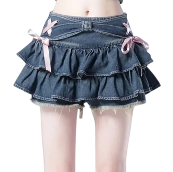 Fustă mini din denim cu volane și funde, scurtă, stratificată, în linie A, stil vintage, fustă din denim pentru fete, ținută romantică de vară albastru M