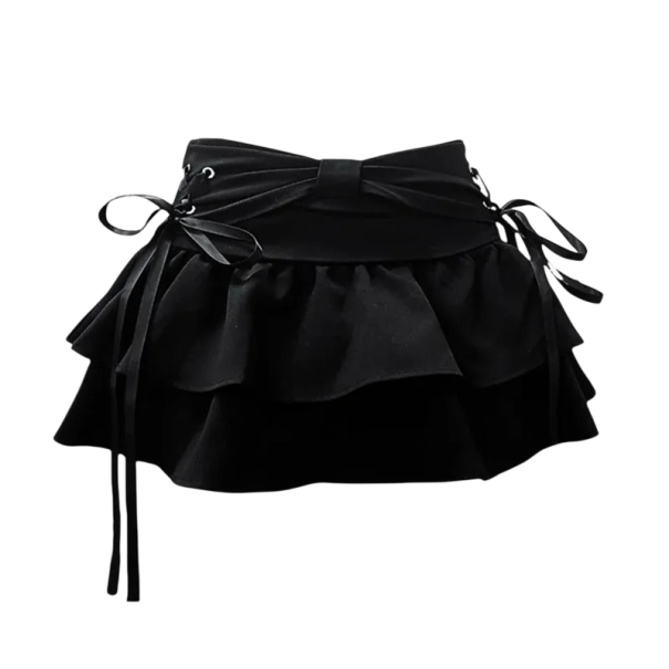 Fustă mini din denim cu volane și funde, scurtă, stratificată, în linie A, stil vintage, fustă din denim pentru fete, ținută romantică de vară negru XS