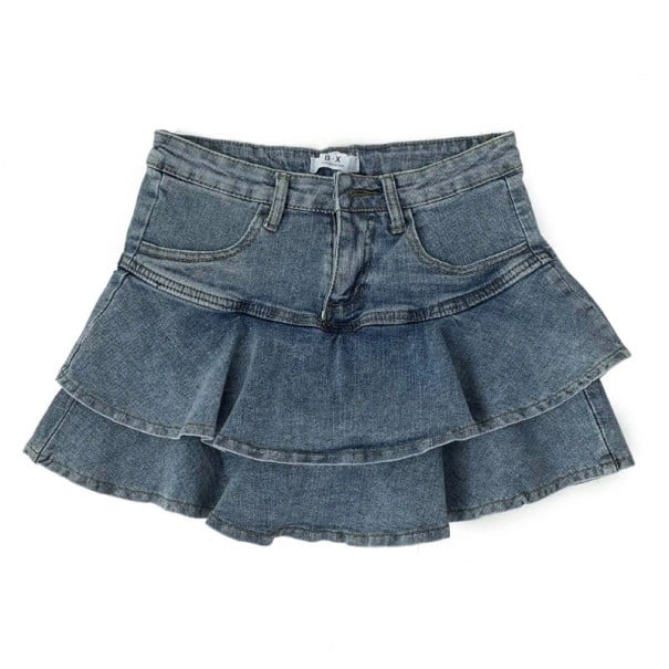 Fustă scurtă din denim albastru cu talie înaltă Fustă mini stratificată în linie A Fustă casual pentru femei cu talie înaltă Ținută elegantă XS