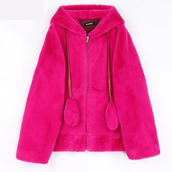 Futrzana kurtka damska z uszami P1740 ciemny róż S