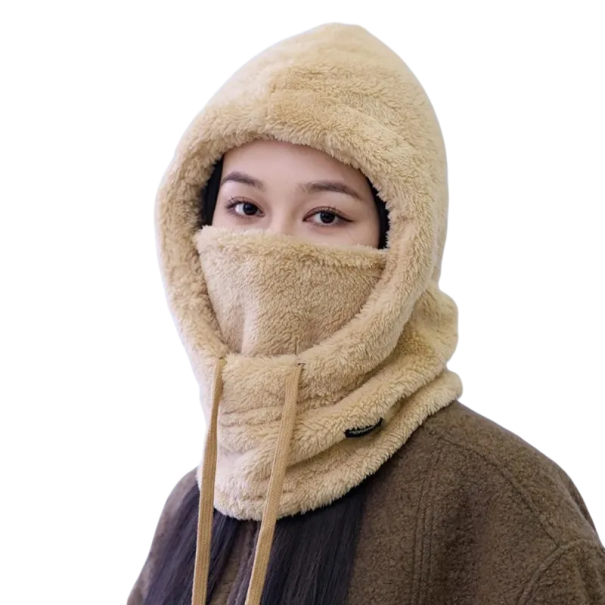 Fuzzy varm hætte med snor hovedomkreds 56–59 cm Vinterhætte af polyester Beskyttelse af hoved, hals og ansigt mod kulde beige