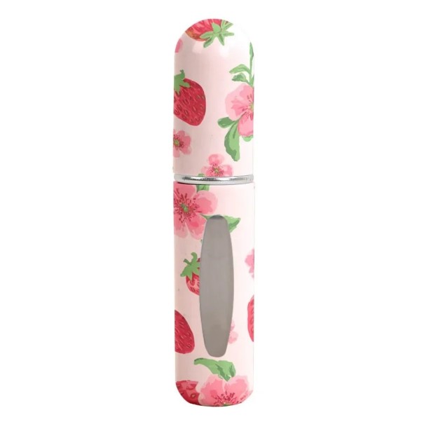 Fyllbar mini atomizer för parfym med genomskinligt fönster 5 ml 8.2×1.52 cm ljusrosa med jordgubbs- och blommotiv för handväska 1