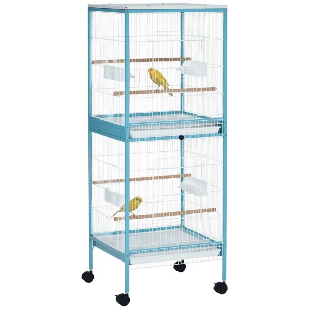 Gabbia per uccelli a due piani su ruote con ciotole estraibili 52 x 50 x 140 cm in filo d'acciaio porte su 3 lati blu per allevamento di uccelli 1