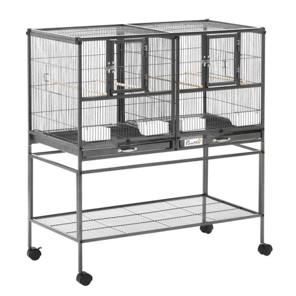 Gabbia per uccelli piccoli su ruote con griglia divisoria 95 x 45,5 x 102 cm metallo e legno 4 porte scorrevoli e supporto grigia per allevamento di uccelli 1