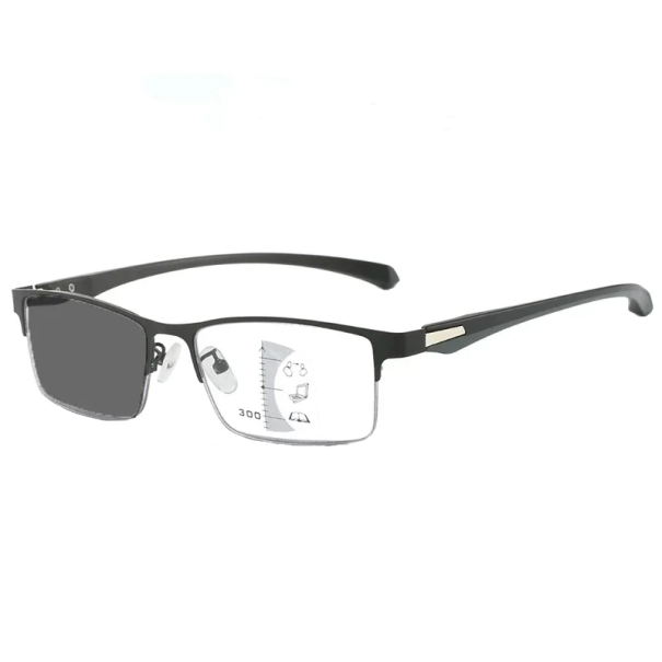 Gafas fotocromáticas multifocales +2.00 Gafas de lectura de metal negro con filtro de luz azul Forma cuadrada Tratamiento solar 1