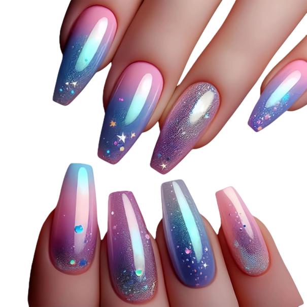 Galaxy ombré unghii 24 buc Formă de sicriu Design modern strălucitor Unghii acrilice cu efect dinamic și accente strălucitoare 1