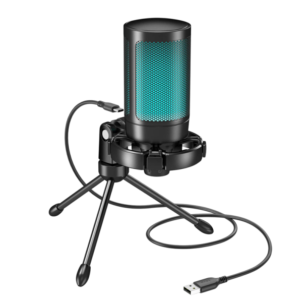 Gaming Desktop USB Microphone with Stand 7 Colours LED Backlighting Touch Mute Plug and Play Anti-Vibration Holder for Streaming black