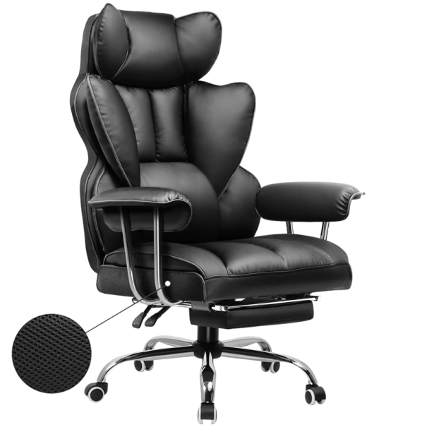 Gaming-Stuhl mit ausziehbarem Fußteil und hohem Rücken, Höhe 115 - 124 cm, Füllung PP Baumwolle, ergonomischer drehbarer Bürostuhl für PC schwarz