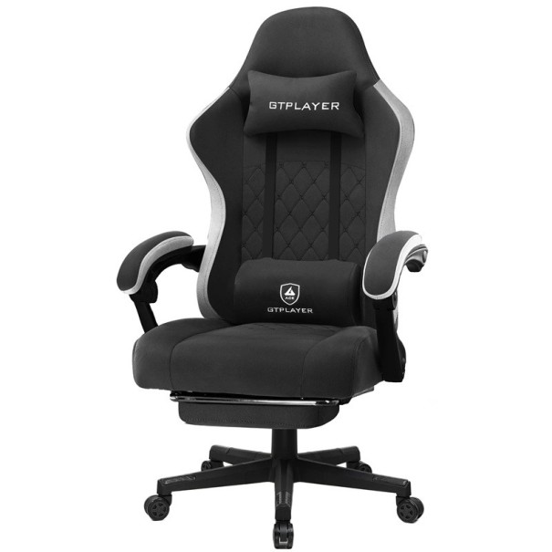 Gaming-Stuhl mit Fußstütze und Kopfkissen, Maße 55x50x130 cm, Kunstleder und Metall, drehbarer Bürostuhl mit Rollen schwarz