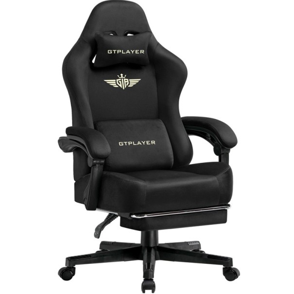 Gaming-Stuhl mit verlängerter Fußstütze, Höhe 131 cm, Bezug aus Stoff, drehbarer und verstellbarer Sessel für Gaming und das Home Office schwarz